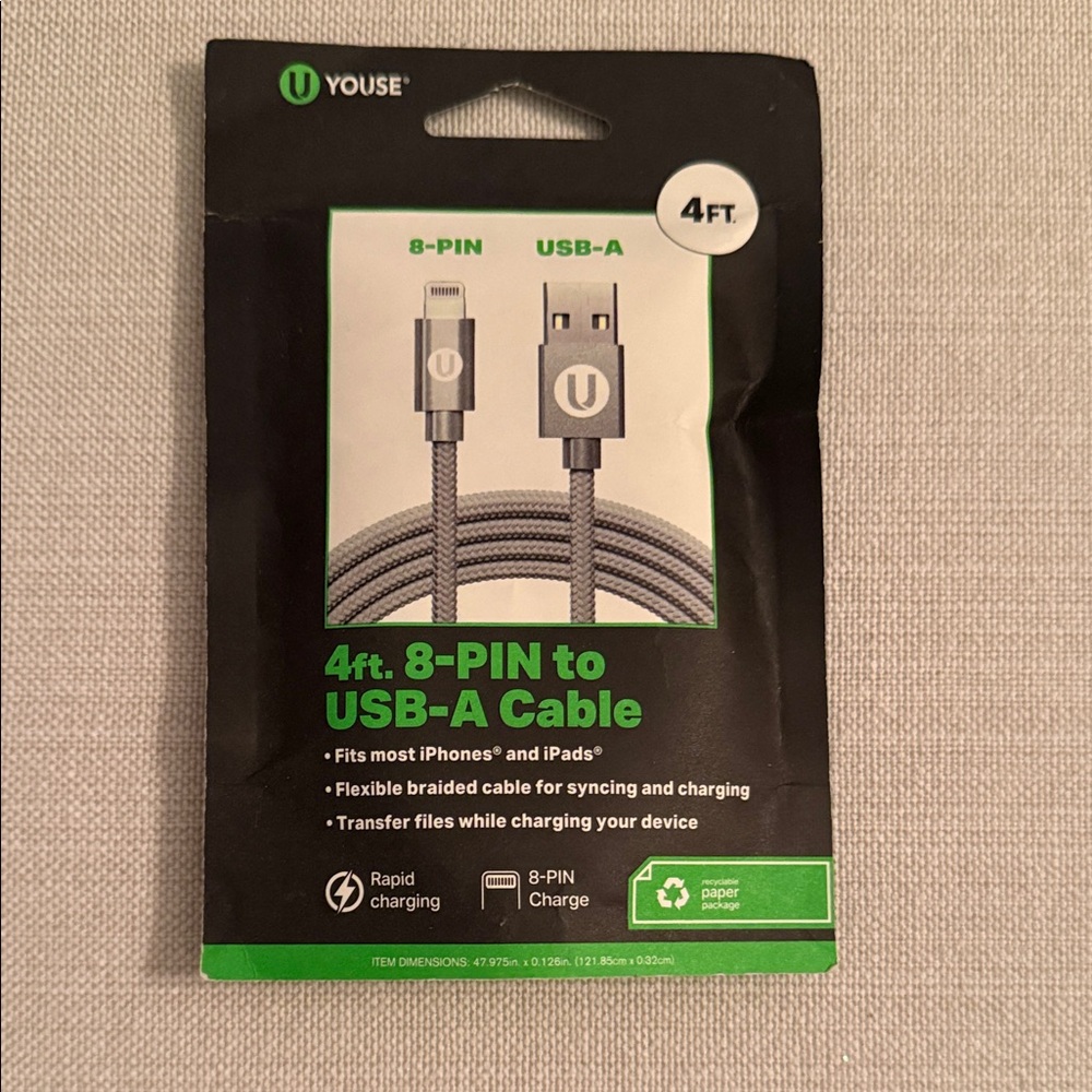 Silver 4ft 8-Pin to USB-A Cable